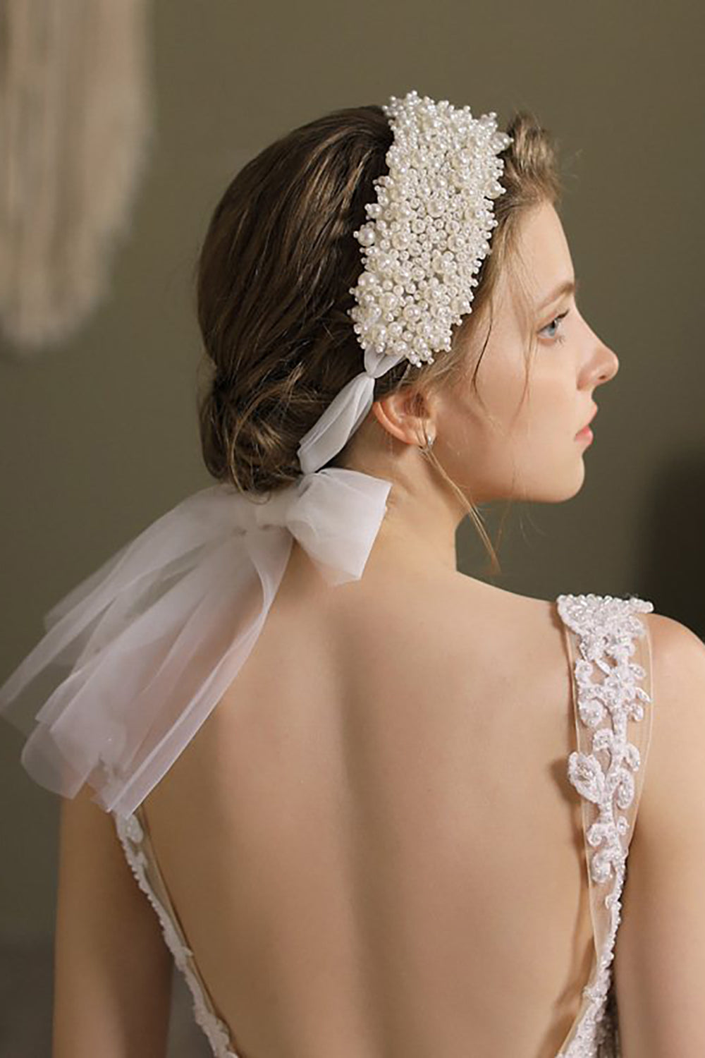 White Bridal Headband With Faux Pearl