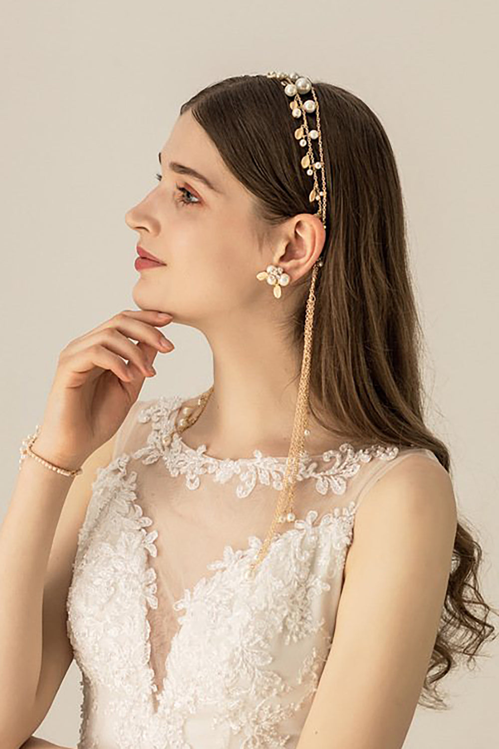 Golden Bridal Pearl Tassel Headband