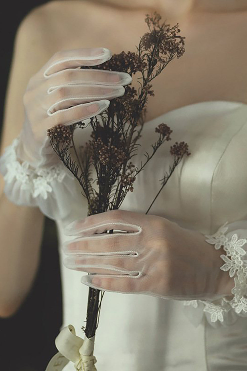 White Cropped Satin Lace Wedding Gloves