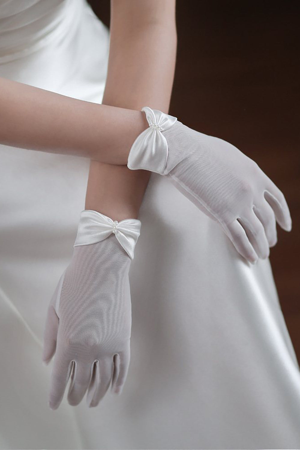 White Cropped Satin Trim Butterfly Wedding Gloves