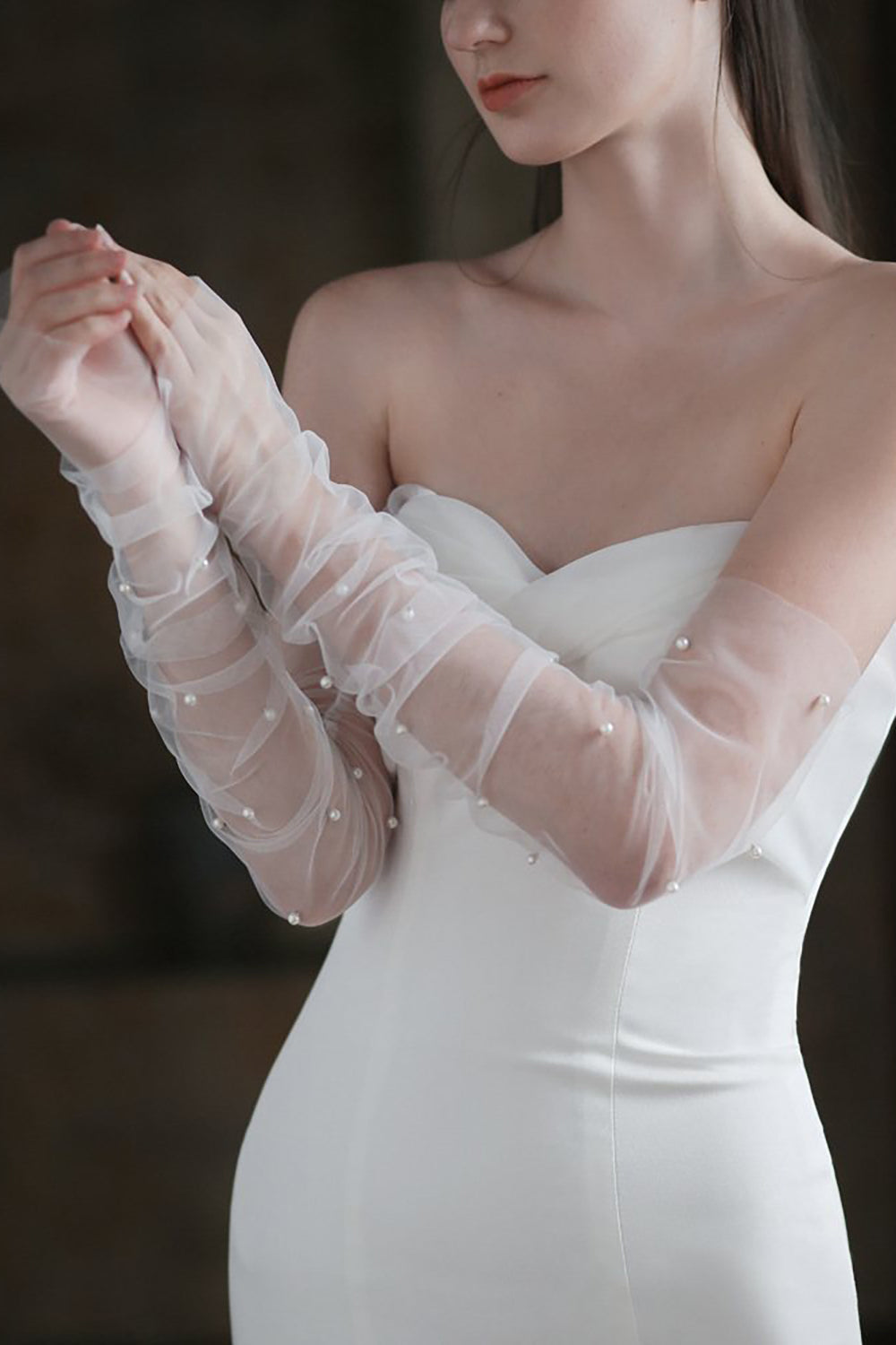 Long White Pearl Bridal Wedding Sleeves