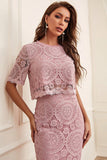 Blush 2 Piece Midi Lace Wedding Guest Dress With Short Sleeves