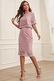 Blush 2 Piece Midi Lace Wedding Guest Dress With Short Sleeves