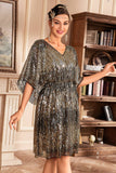 Golden Sparkly Batwing Sleeves Party Dress with Sequins