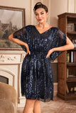 Sparkly Navy V-Neck Sequins Party Dress with Batwing Sleeves