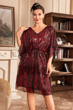 Red V-Neck Sparkly Batwing Sleeves Party Flapper Dress with Sequins