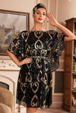 Black Glitter Sequins Evening Flapper Dress with Batwing Sleeves