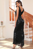Black Sequin V-neck Sleeveless Mermaid Long Evening Party Dress