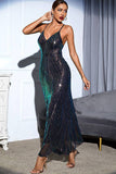 Black Bodycon V-Neck Spaghetti Strap Backless Sequin Long Evening Dress