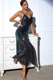 Black Bodycon V-Neck Spaghetti Strap Backless Sequin Long Evening Dress