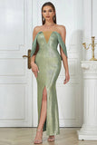 Light Green Bodycon Off the Shoulder Party Dress with Slit