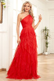 One Shoulder A-Line Red Tulle Formal Dress