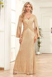 Champagne Sheath Sequins Long Formal Dress with Pleated