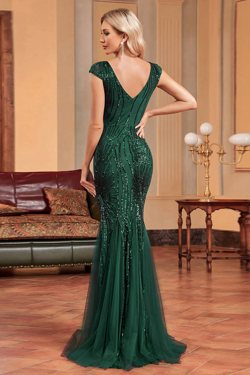 Sparkly Dark Green Mermaid V Neck Long Sequins Formal Dress