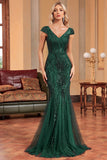 Sparkly Dark Green Mermaid V Neck Long Sequins Formal Dress