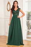 Glitter A Line V-Neck Dark Green Formal Dress with Sequins