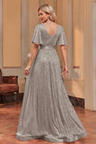 Sparkly Royal Blue A-Line V-Neck Sequins Long Formal Dress
