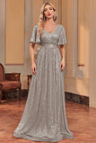 Sparkly Royal Blue A-Line V-Neck Sequins Long Formal Dress