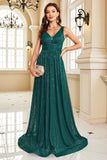 Sparkly Dark Green A Line V-Neck Sequins Long Formal Dress