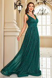 Sparkly Dark Green A Line V-Neck Sequins Long Formal Dress