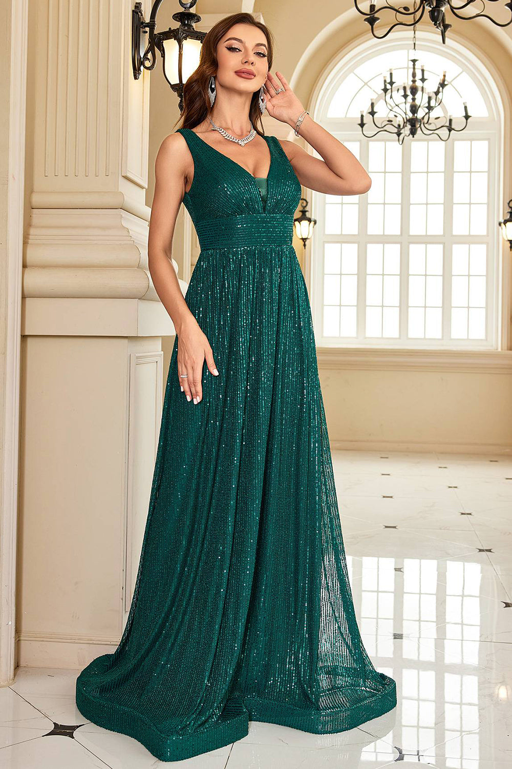 Sparkly Dark Green A Line V-Neck Sequins Long Formal Dress