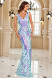 Sparkly Glitter Blue Sheath V-Neck Long Formal Dress with Slit