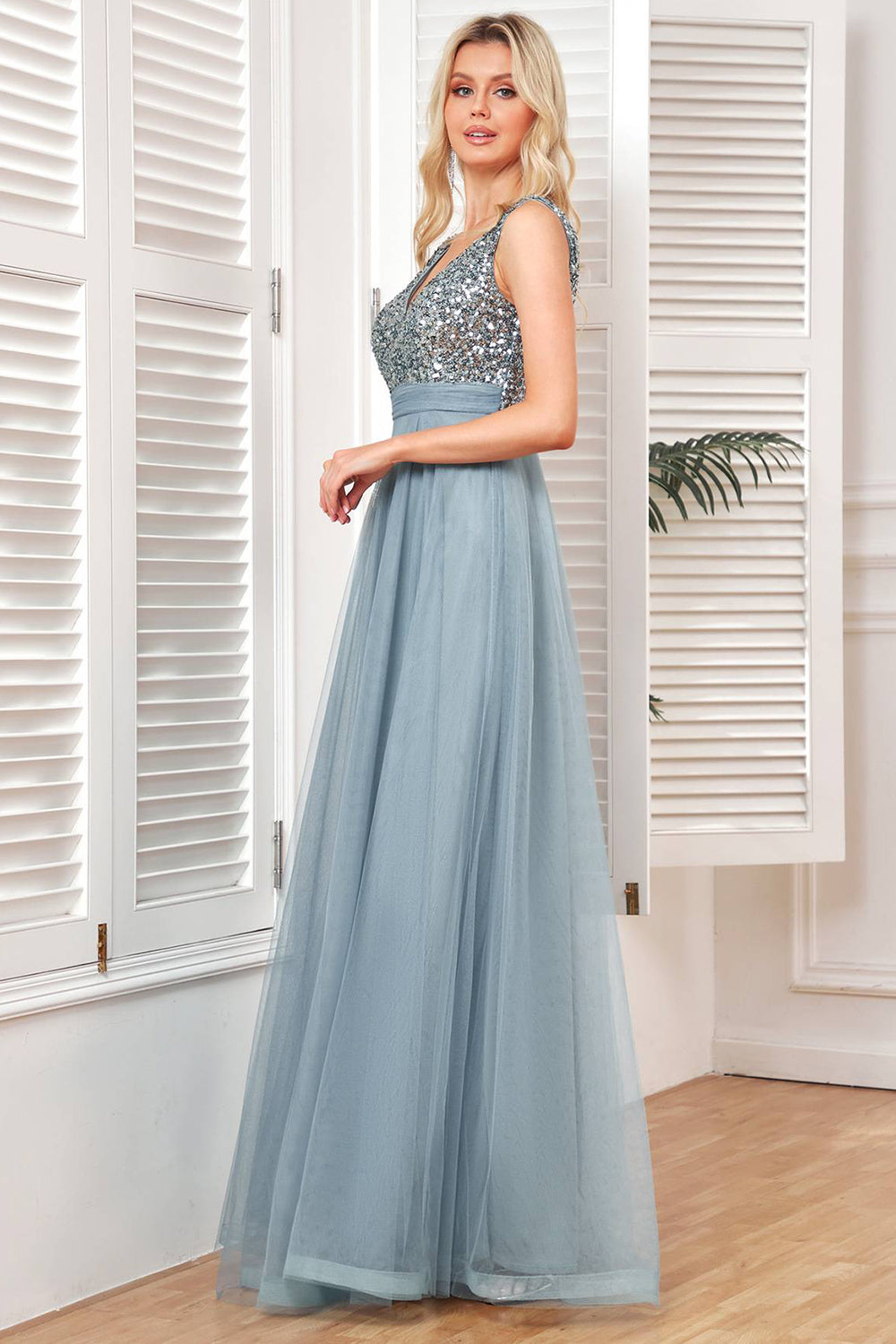 Grey Blue A Line Tulle Formal Dress with Sequins