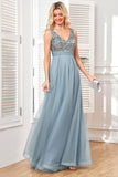 Grey Blue A Line Tulle Formal Dress with Sequins