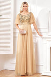 Sparkly Champagne A Line Sequins Tulle Floor-Length Dress with Bat Sleeves