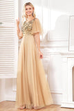 Sparkly Champagne A Line Sequins Tulle Floor-Length Dress with Bat Sleeves