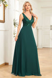 Sparkly Dark Green A-Line V-Neck Chiffon Formal Dress with Sequins
