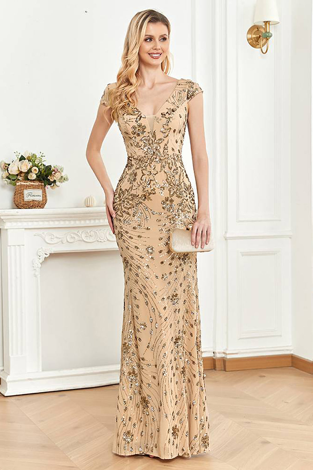 WEDTREND Women Golden Prom Dress Sheath V-Neck Long Formal Dress with Beading WEDTREND Women Golden Prom Dress Sheath V-Neck Long Formal Dress with Beading
