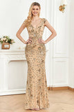 Sparkly Golden Sheath V-Neck Long Formal Dress with Beading