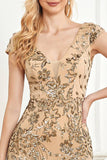 Sparkly Golden Sheath V-Neck Long Formal Dress with Beading