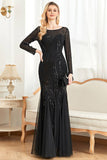 Black Mermaid Sequins Long Formal Dress With Long Sleeves