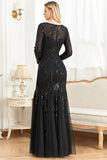 Black Mermaid Sequins Long Formal Dress With Long Sleeves
