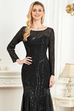 Black Mermaid Sequins Long Formal Dress With Long Sleeves