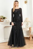 Black Mermaid Sequins Long Formal Dress With Long Sleeves