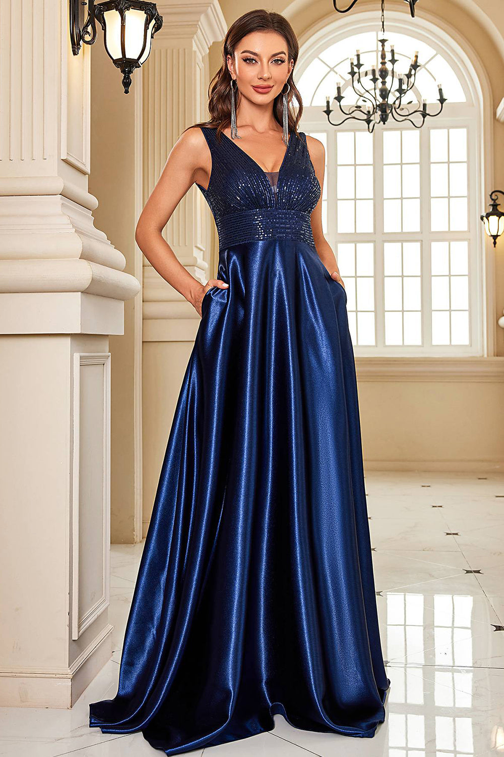 WEDTREND Women Sparkly Navy Prom Dress Satin A-Line V-Neck Formal Dress with Sequins WEDTREND Women Sparkly Navy Prom Dress Satin A-Line V-Neck Formal Dress with Sequins