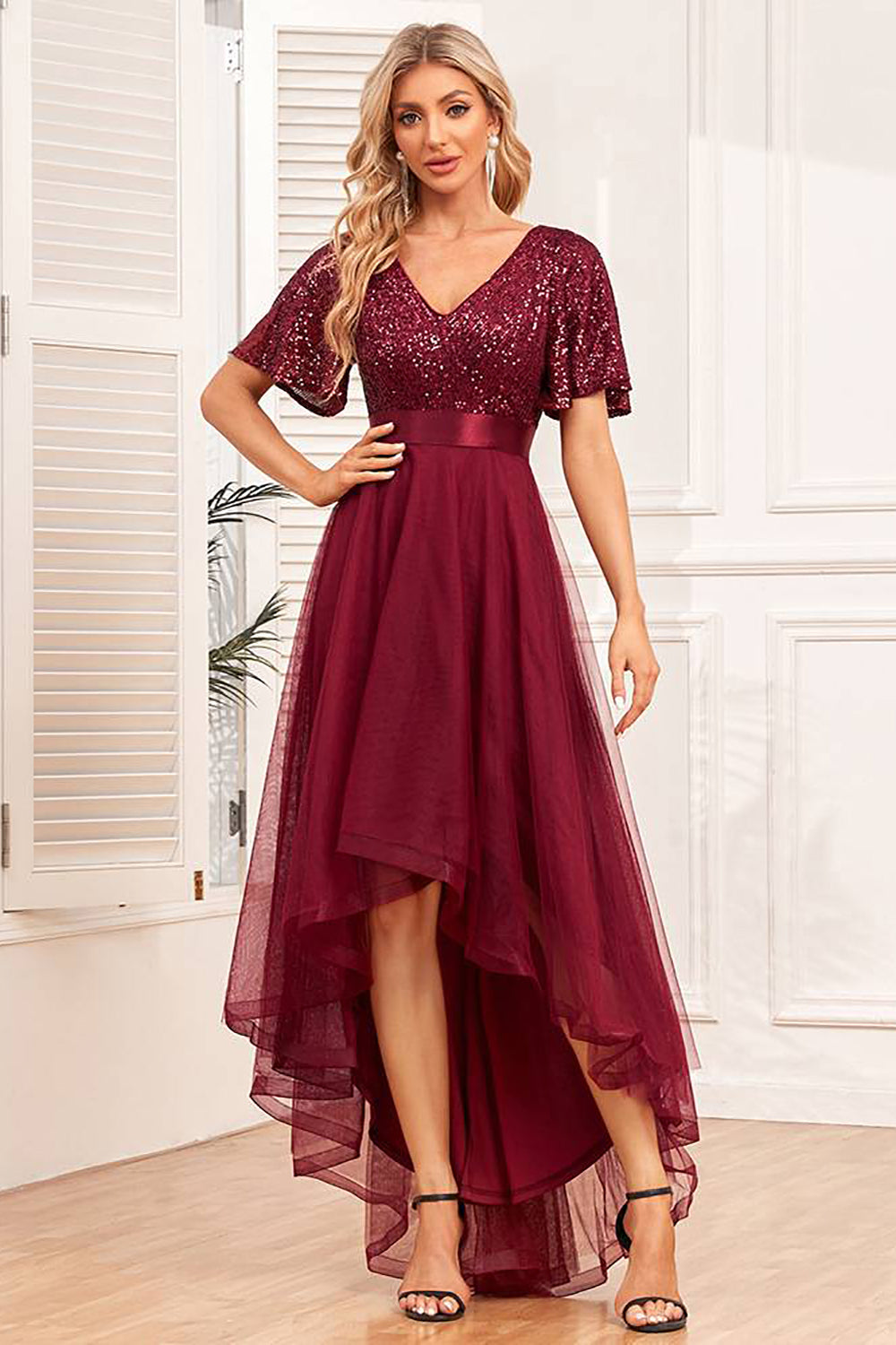Burgundy A-Line High-Low Formal Dress with Sequins