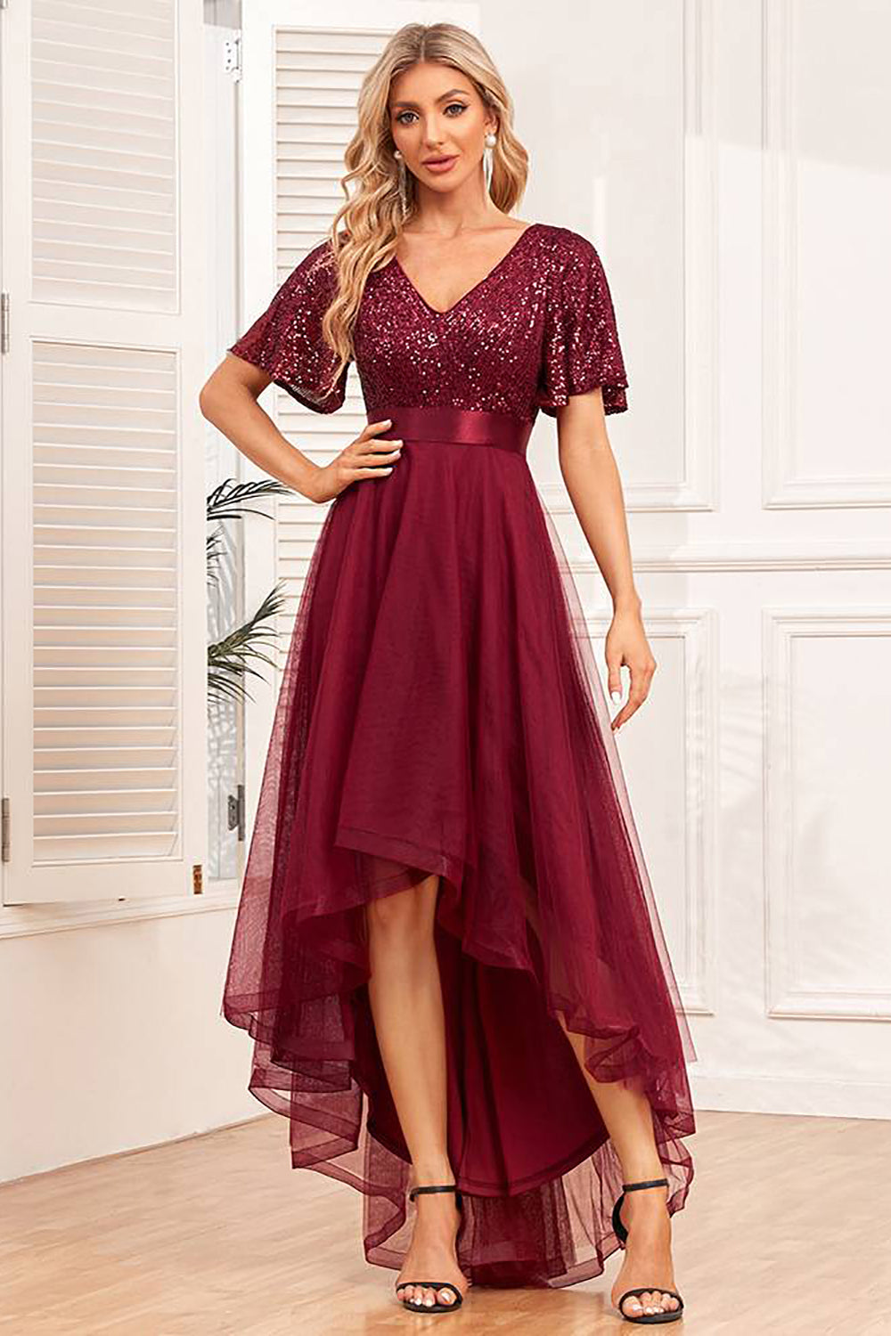 WEDTREND Women Burgundy Prom Dress A-Line High-Low Formal Dress
