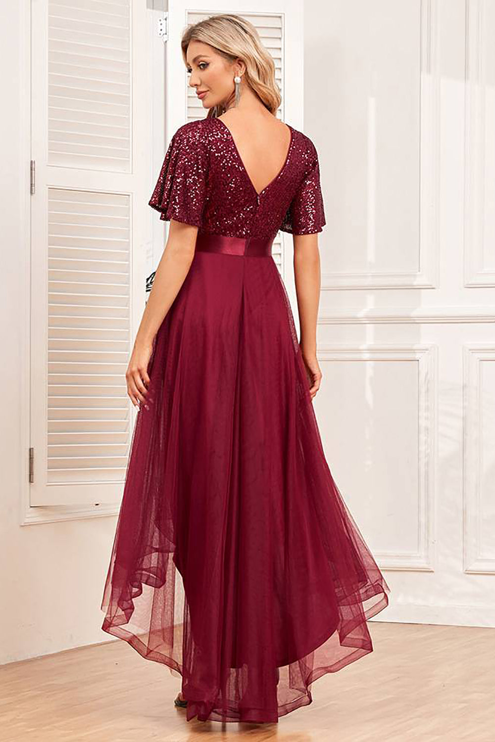 WEDTREND Women Burgundy Prom Dress A-Line High-Low Formal Dress with Sequins WEDTREND Women Burgundy Prom Dress A-Line High-Low Formal Dress with Sequins