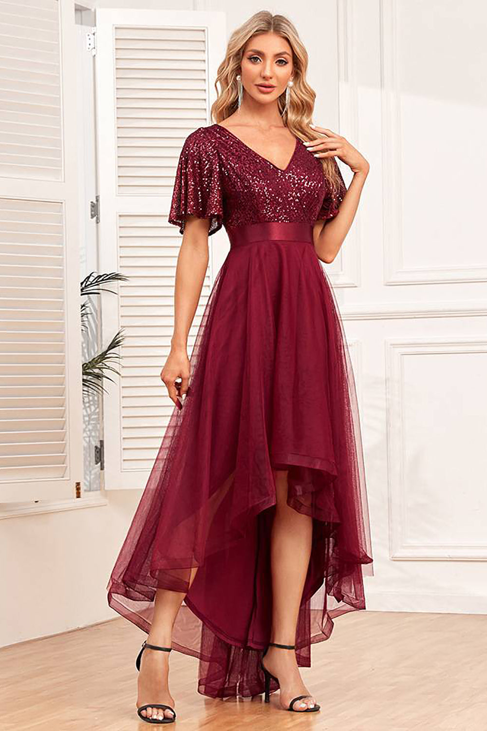 Burgundy A-Line High-Low Formal Dress with Sequins