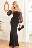 Black Sheath Sparkly Long Formal Dress With Removable Sleeves