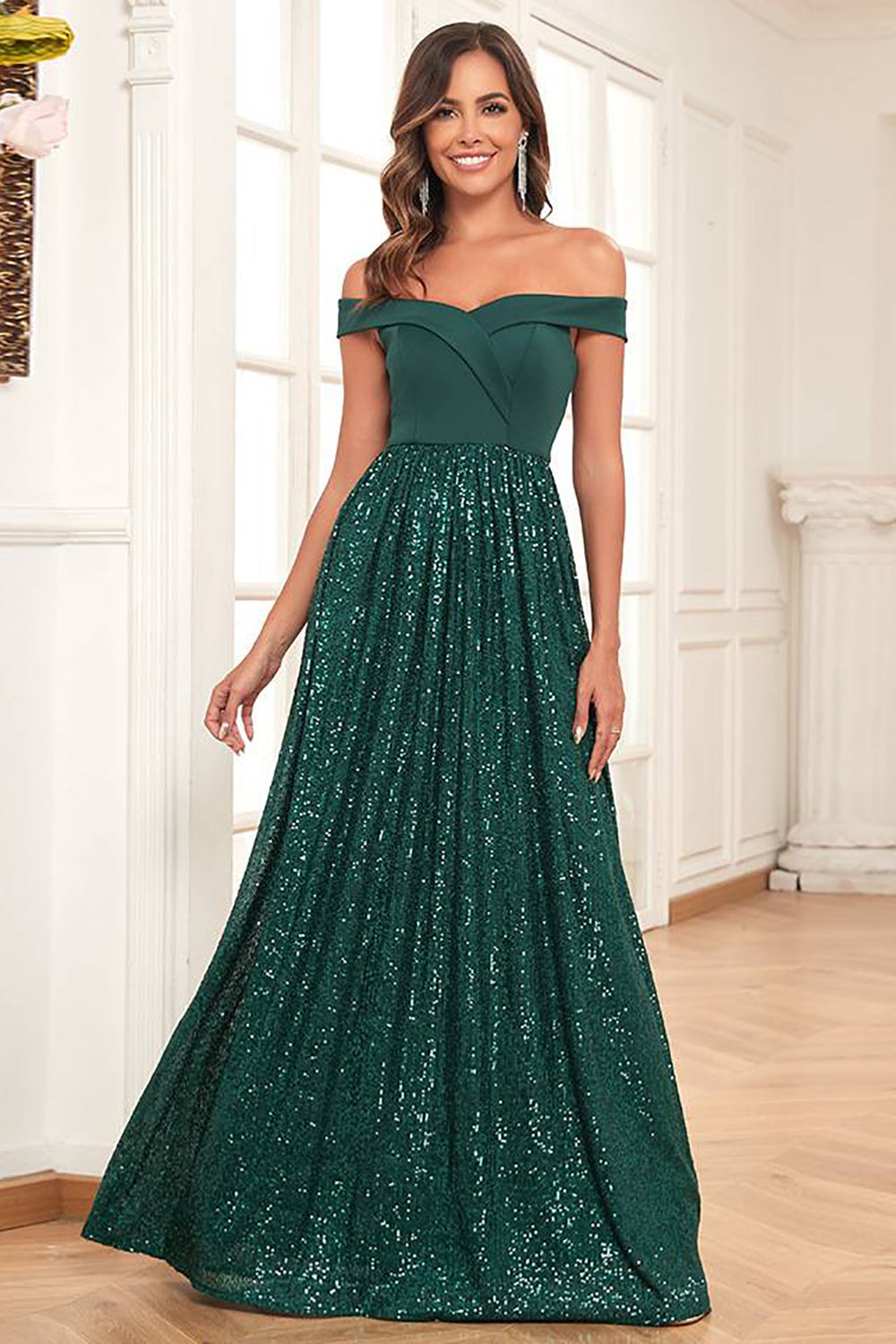 Dark Green A-Line Off the Shoulder Prom Dress With Sequins