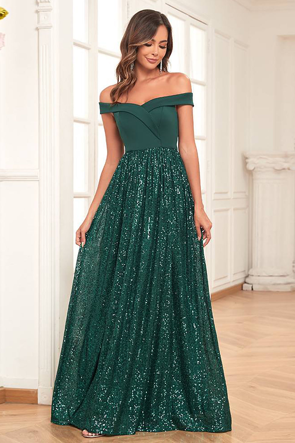 Dark Green A-Line Off the Shoulder Prom Dress With Sequins