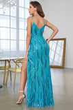 Blue A-Line Spaghetti Straps Sequins Long Prom Dress With Slit