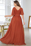 A-Line V-Neck Pleated Brick Red Long Dress With Short Sleeves