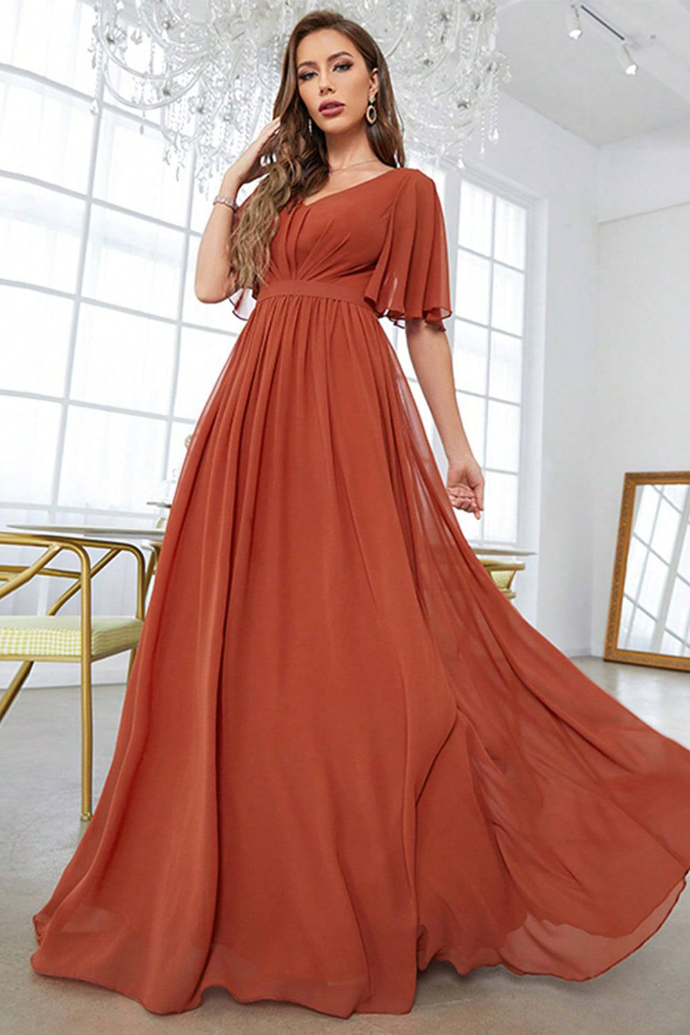 A-Line V-Neck Pleated Brick Red Long Dress With Short Sleeves