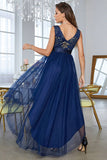 Asymmetrical A-Line V-Neck Dark Blue Prom Dress With Sleeveless